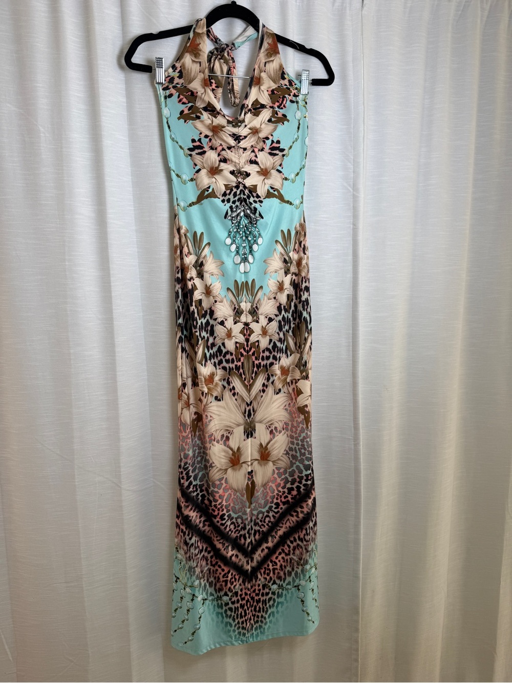 VENUS Tropical Floral Leopard Print Halter Maxi Dress Resort Vacation | Size XS - Picture 5 of 13